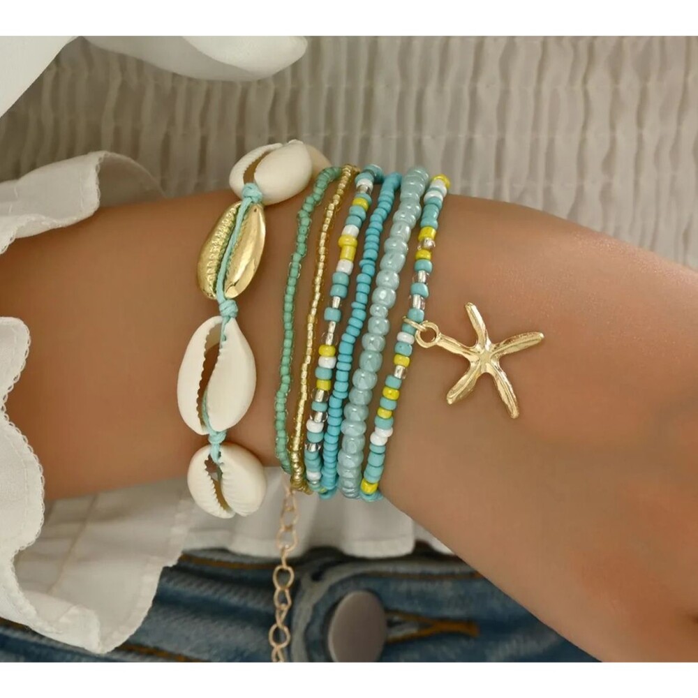 Boho 7 Layer Shell Bracelet Natural Beads Gold Starfish Charm Beach Vacation NEW